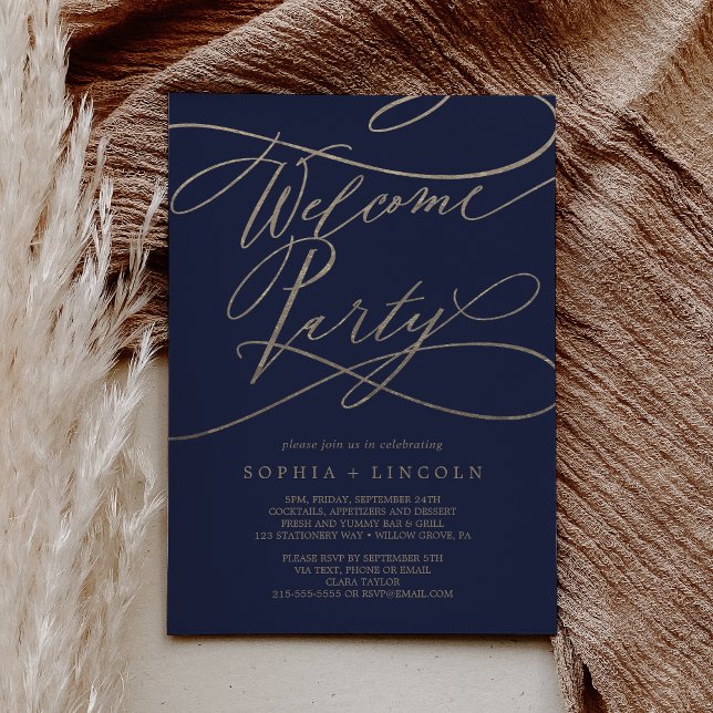 Invitación Fiesta de bienvenida de la Marina Romántica y Boda (Romantic Navy and Gold Wedding Welcome Party Invitation)