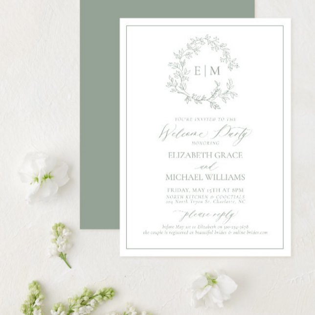 Invitación Fiesta de bienvenida de Sage Green Leafy Escudo Mo (Subido por el creador)
