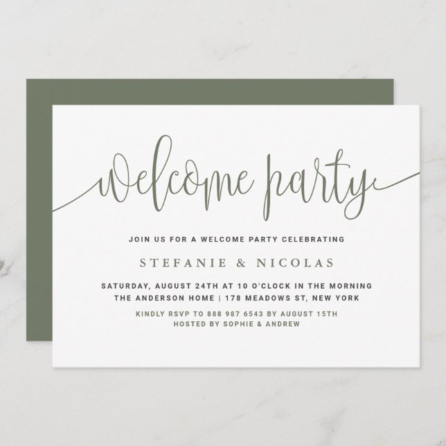 Invitación Fiesta de bienvenida de Taupe Green Bonito Calligr (Anverso / Reverso)