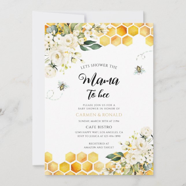 Invitación Fiesta de Bienvenida Floral Colmena de Bebé (Anverso)