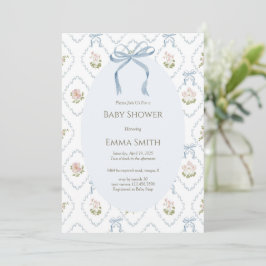 Invitación Fiesta de Bienvenida Floral con Lazo Azul para Beb