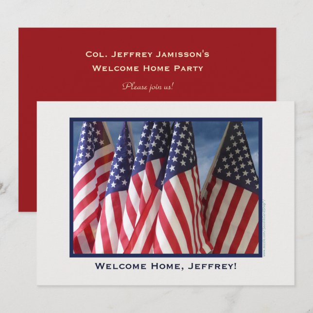 Invitación Fiesta de bienvenida militar, bandera estadouniden (Anverso / Reverso)
