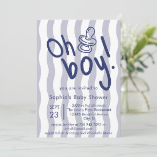 Invitación Fiesta de Bienvenida Oh Niño Azul Rayas Onduladas