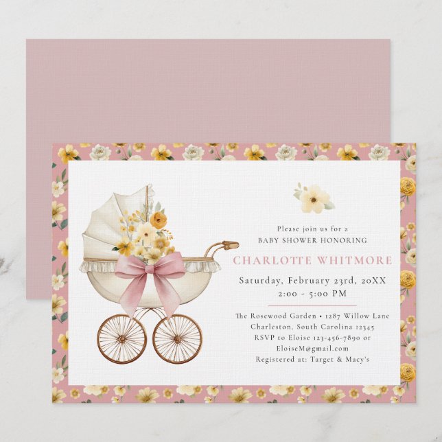 Invitación Fiesta de Bienvenida para Bebé con Floral Rosa Cla (Anverso / Reverso)