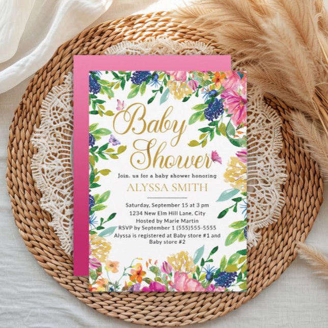 Invitación Fiesta de Bienvenida para Bebé con Mariposas Flora (Pink, blue, and yellow watercolor floral and butterflies baby girl baby shower invitation)