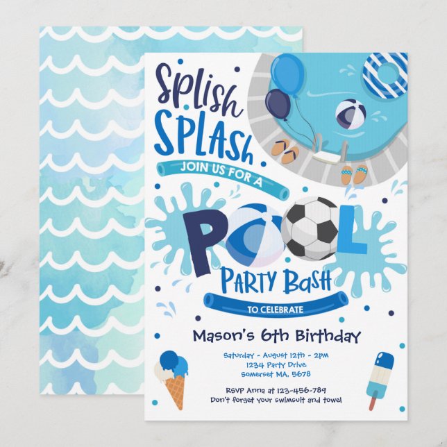 Invitación Fiesta de billar de fútbol Splish Splash Pool Cump (Anverso / Reverso)