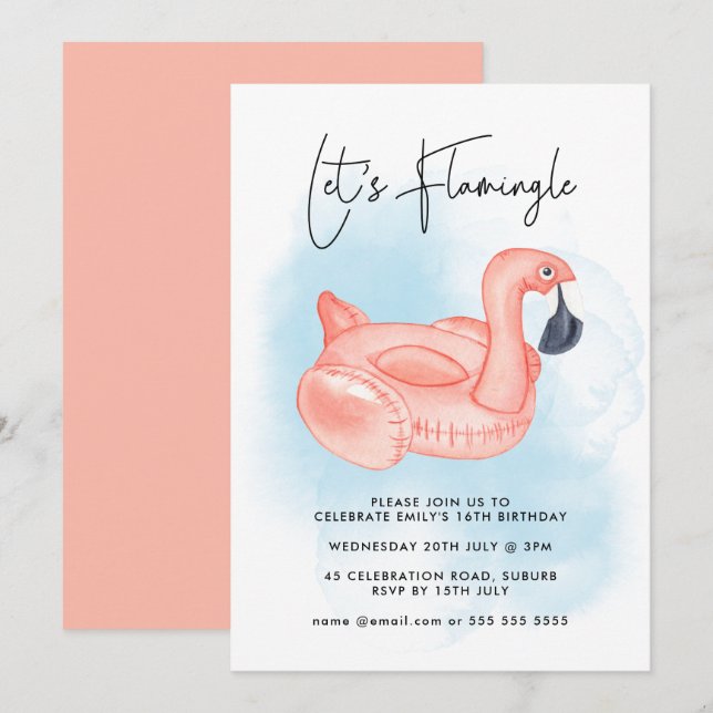 Invitación Fiesta de billar Let's Flamingle Flamingo Cumpleañ (Anverso / Reverso)