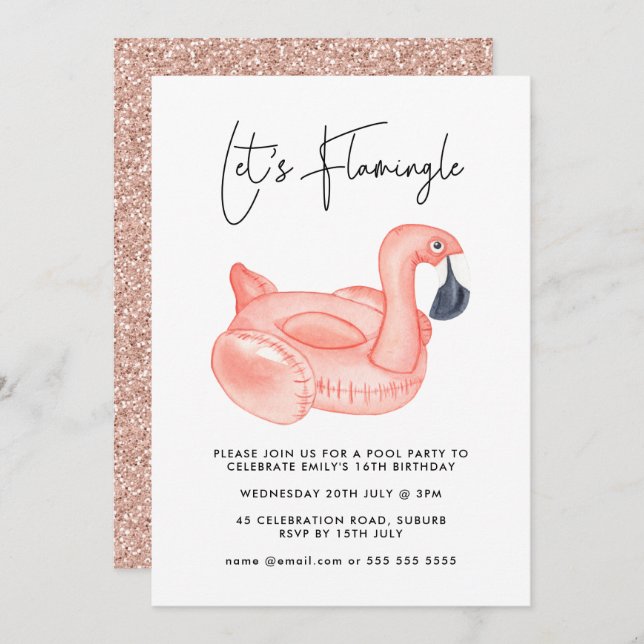 Invitación Fiesta de billar Let's Flamingle Flamingo Cumpleañ (Anverso / Reverso)