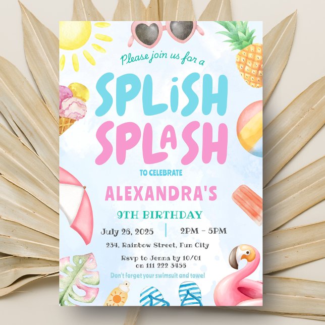 Invitación Fiesta de billar Splish Splash Verano Cumpleaños (Pool Party Splish Splash Summer Birthday Invitation)