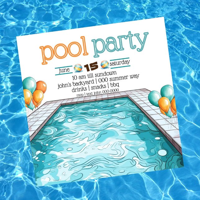 Invitación Fiesta de billar y barbacoa en el patio trasero en (Fun and colorful pool party customizable invitation with aqua and orange balloons. )