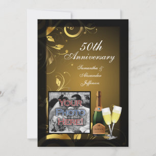 Invitación Fiesta de Black and Gold Swirl Photo 50th Aniversa