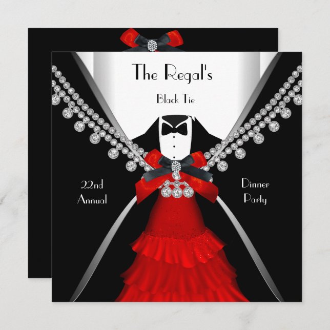 Invitación Fiesta de Black Tie Dinner White Red Bow (Anverso / Reverso)