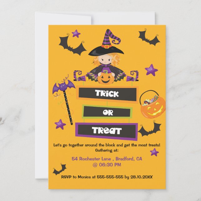 Invitación Fiesta de bloque de barrio de Halloween Truco o tr (Anverso)