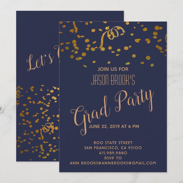 Invitación Fiesta de Blowout de Graduación Gold Confetti (Anverso / Reverso)