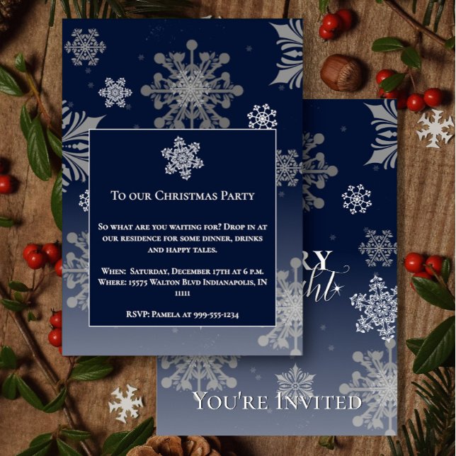 Invitación Fiesta de Blue Merry and Bright Snowflakes Navidad (Blue Merry and Bright Snowflakes Christmas Party Invitation)