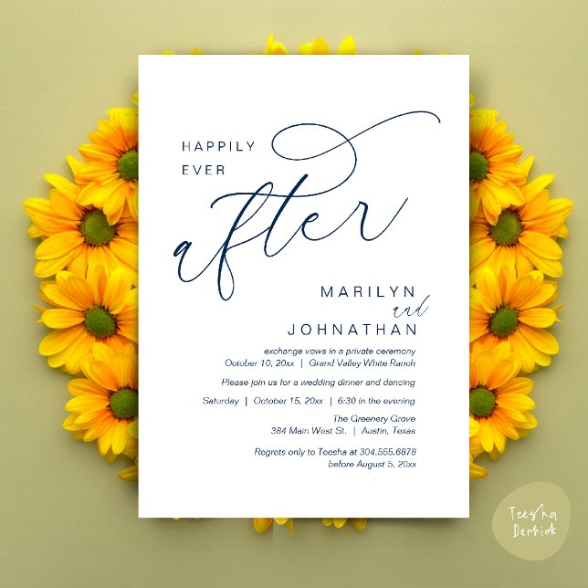 Invitación Fiesta de Boda Baile Cena Felices para Siempre (Romantic Happily Ever After Wedding Dinner Party Lunch Brunch Invitation PDF Card Navy Blue)