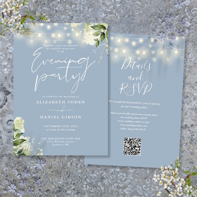 Invitación Fiesta de boda con código QR de verde azul polvori (Dusty Blue Greenery QR Code Wedding Evening Party Invitation)