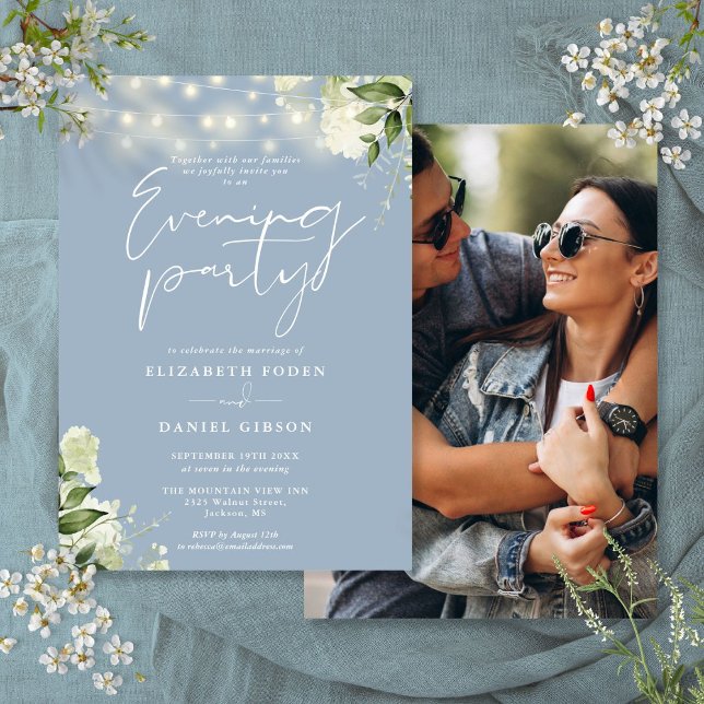 Invitación Fiesta de boda con luces de cuerda de verde botáni (Dusty Blue Greenery Photo Wedding Evening Party Invitation)