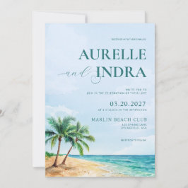 Invitación Fiesta de Boda de Acuarela de Verano en Playa Azul