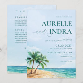 Invitación Fiesta de Boda de Acuarela de Verano en Playa Azul
