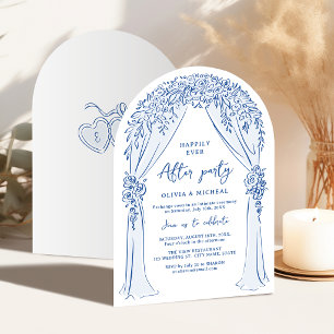 Invitación Fiesta de boda de arco floral dibujado a mano azul