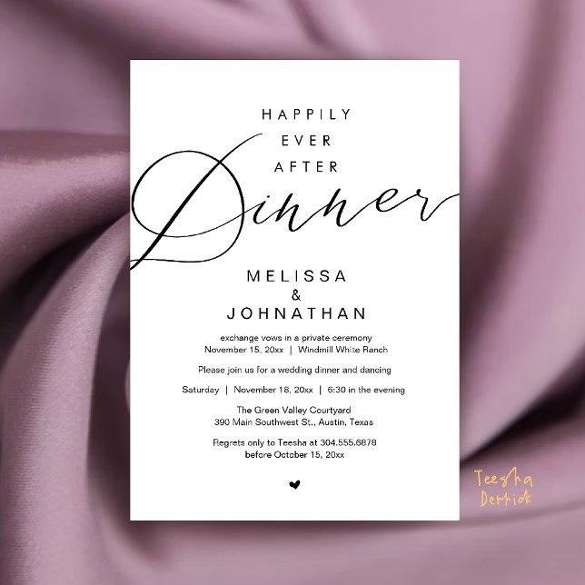 Invitación Fiesta de Boda de Comida Después de la Ceremonia d (Happily Ever After Dinner Wedding Elopement Party Invitation Card in White and Black)