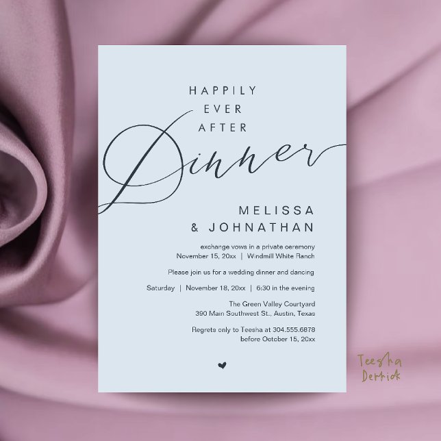 Invitación Fiesta de Boda de Comida Después de la Ceremonia d (Happily Ever After Dinner Wedding Elopement Party Invitation Card in Misty Blue)