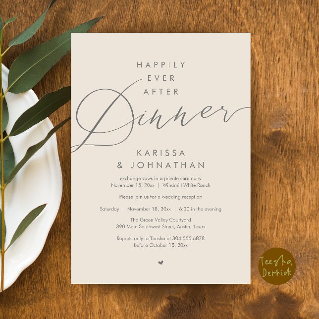 Invitación Fiesta de Boda de Comida Después de la Ceremonia d (Happily Ever After Dinner Wedding Elopement Party Invitation Card in Dark Grey and Cream)