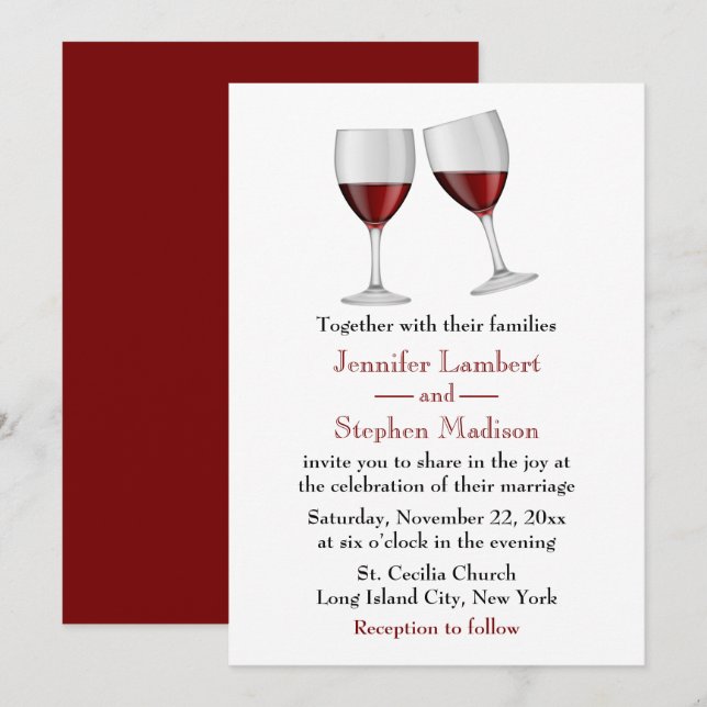 Invitación Fiesta de Boda de Glasses de Vino Rojo (Anverso / Reverso)