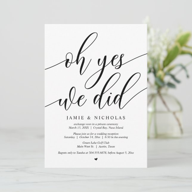 Invitación Fiesta de Boda en Intimidad, Oh Sí, Lo Hicimos (Anverso de pie)