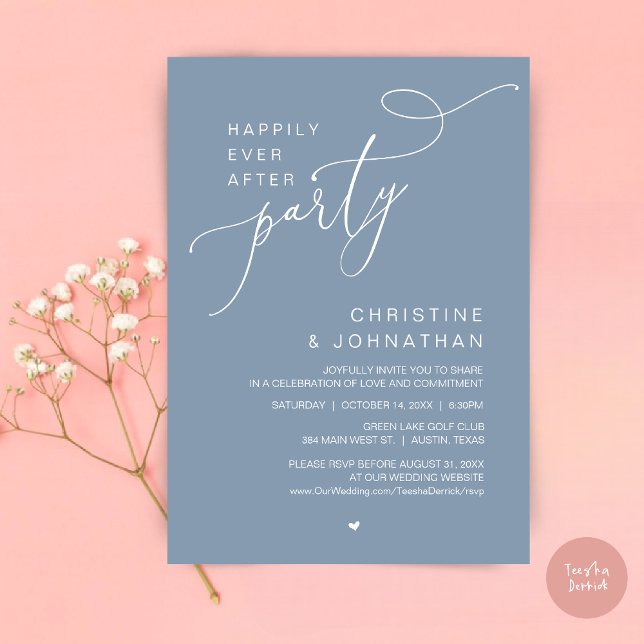 Invitación Fiesta de Boda Felices para Siempre Cena Baile (Happily Ever After Wedding Party Romantic Dinner Dancing Invitation Card, PDF, in Dusty Blue)