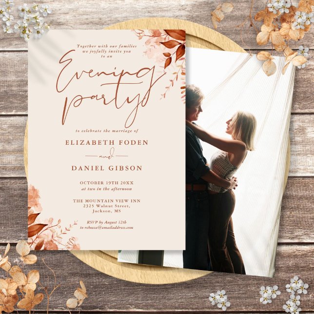 Invitación Fiesta de boda floral rústica de noche con foto (Rustic Floral Photo Wedding Evening Party Invitation)