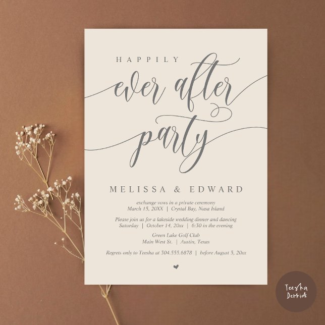 Invitación Fiesta de Boda Fugaz Happily Ever After, Gris Crem (Happily Ever After Elopement Party Invitation Card, PDF, Modern Wedding Dinner, in Cream Grey  )