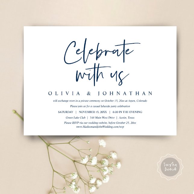 Invitación Fiesta de boda informal, celebren con nosotros (Celebrate With Us, Wedding Elopement Brunch, Lunch, Dinner Party Invitation Card, PDF, Black White)
