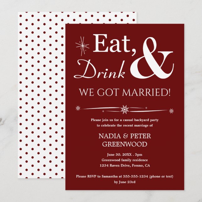 Invitación Fiesta de Boda Informal Comer Beber Nos Casamos (Anverso / Reverso)
