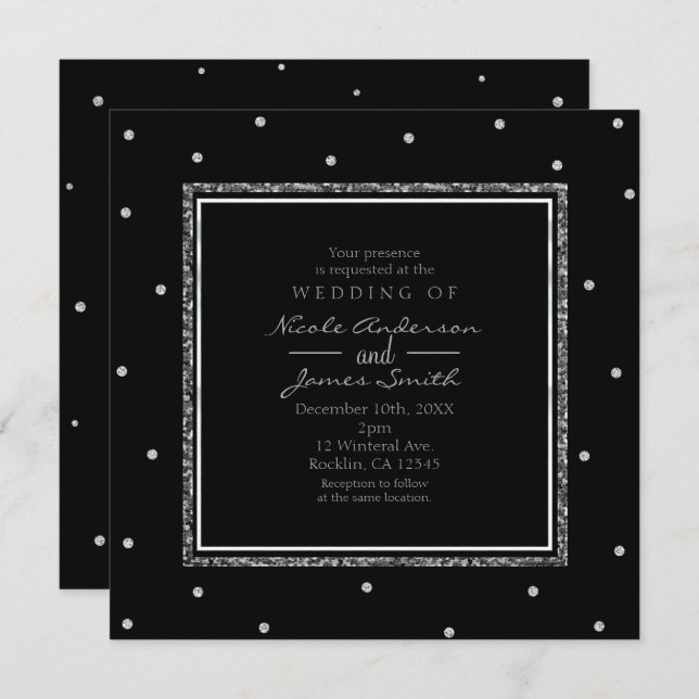 Invitación Fiesta de boda moderna glam Black & Silver Dots (Anverso / Reverso)