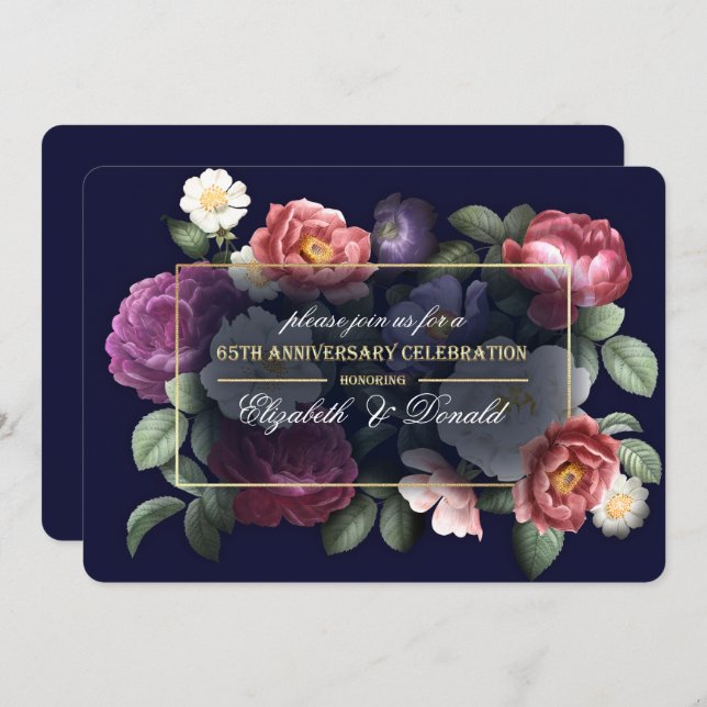 Invitación Fiesta de Bodas de 65 Aniversario Vintage Floral (Anverso / Reverso)