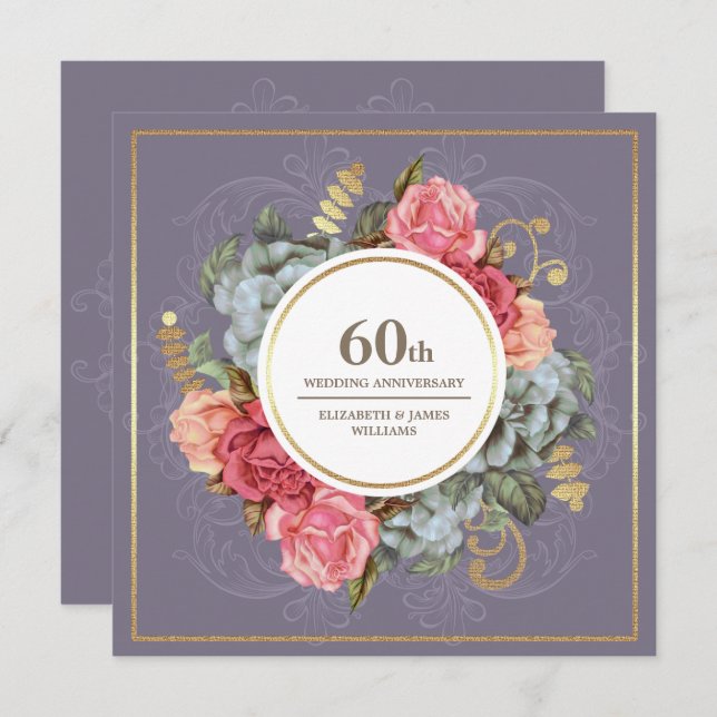 Invitación Fiesta de Bodas de Diamante 60 Aniversario Floral  (Anverso / Reverso)
