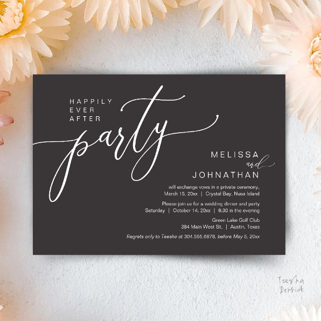 Invitación Fiesta de bodas de fuga con cena Felices para siem (Happily Ever After Wedding Elopement Dinner Party Invitation card, in Charcoal Grey)