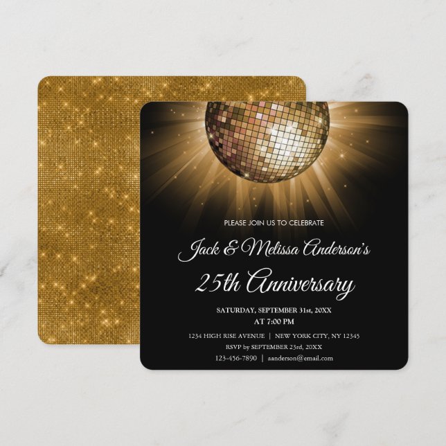Invitación Fiesta de Bodas de Oro con Bola de Discoteca Dorad (Anverso / Reverso)