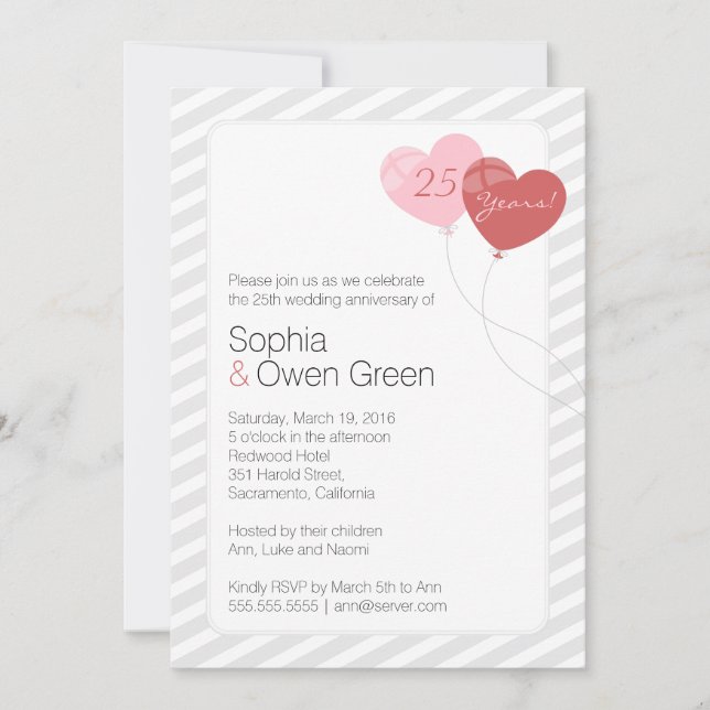 Invitación Fiesta de Bodas de Plata 25º Aniversario de Globos (Anverso)