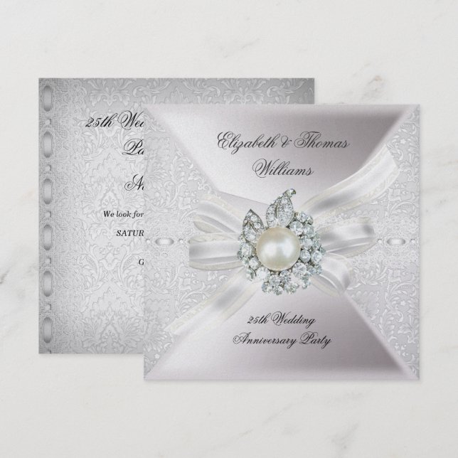 Invitación Fiesta de Bodas de Plata con Encaje Perla Blanca (Anverso / Reverso)