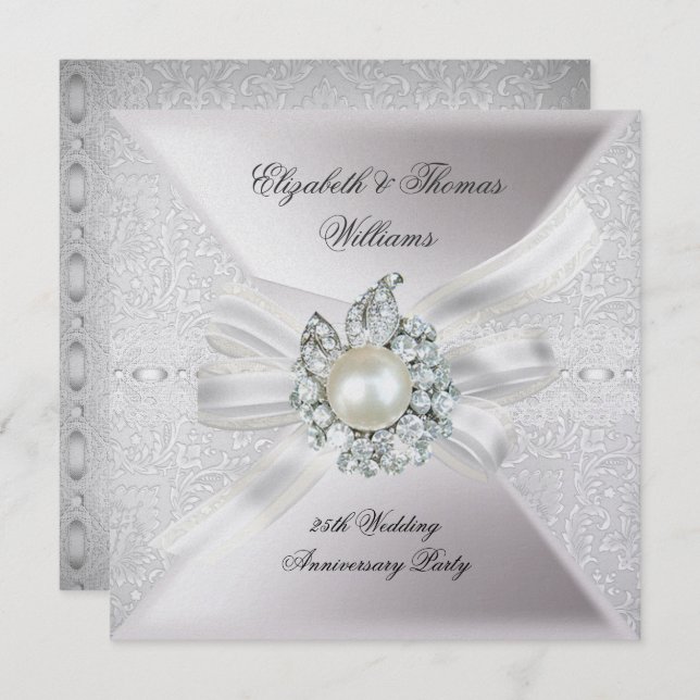 Invitación Fiesta de Bodas de Plata con Encaje Perla Blanco (Anverso / Reverso)