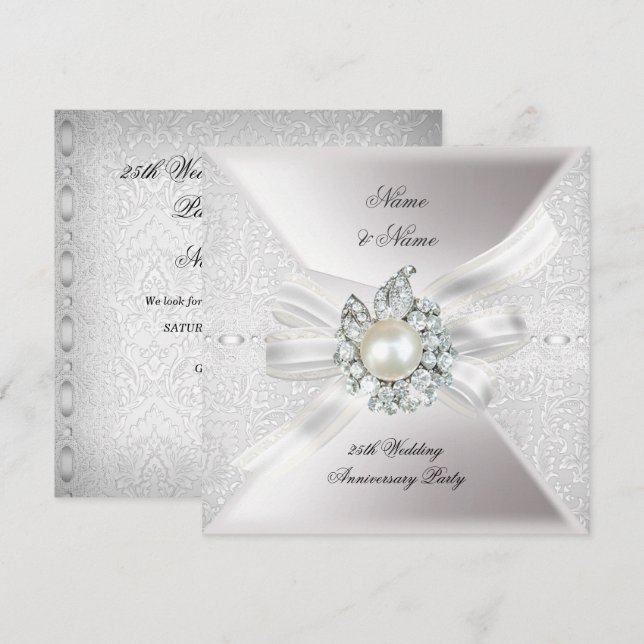 Invitación Fiesta de Bodas de Plata de Encaje Perla Blanca 25 (Anverso / Reverso)