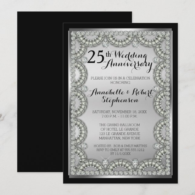 Invitación Fiesta de Bodas de Plata de Plata y Diamante (Anverso / Reverso)