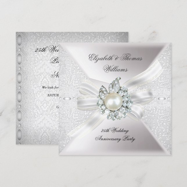 Invitación Fiesta de bodas de plata encaje perla blanca (Anverso / Reverso)