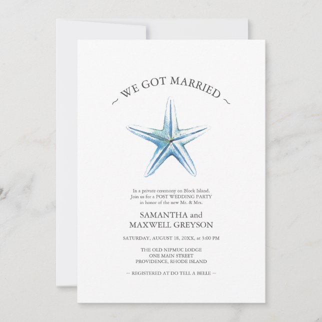 Invitación Fiesta de bodas después de la playa Starfish Post (Anverso)