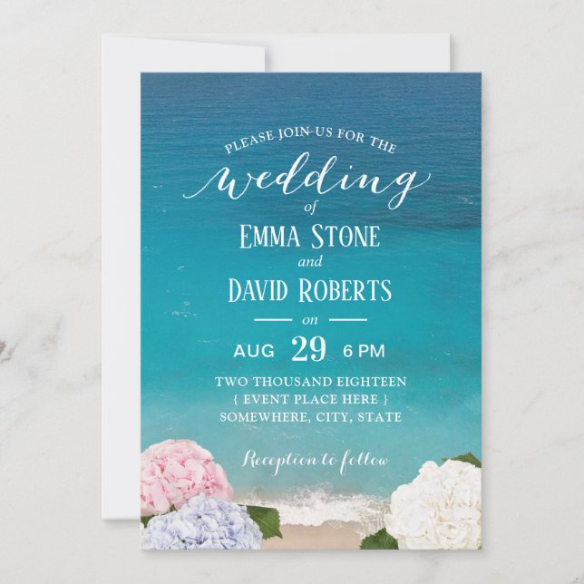 Invitación Fiesta de bodas en la playa de Hydrangea Floral (Anverso)