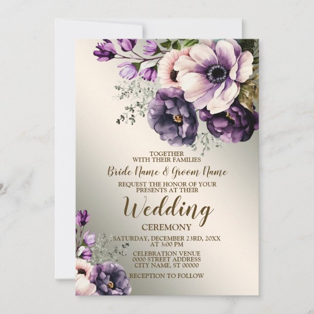 Invitación Fiesta de bodas Flores Púrpuras Rosa Golden Elegan (Anverso)