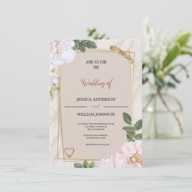 Invitación fiesta de bodas marrón elegante y moderna con flor (Anverso de pie)